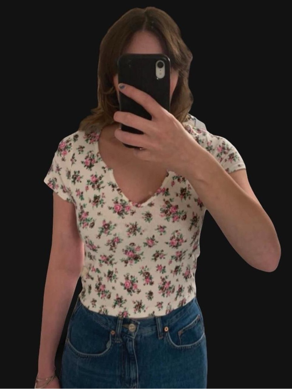 80's inspired ribbed short sleeve white & pink floral tee sz M